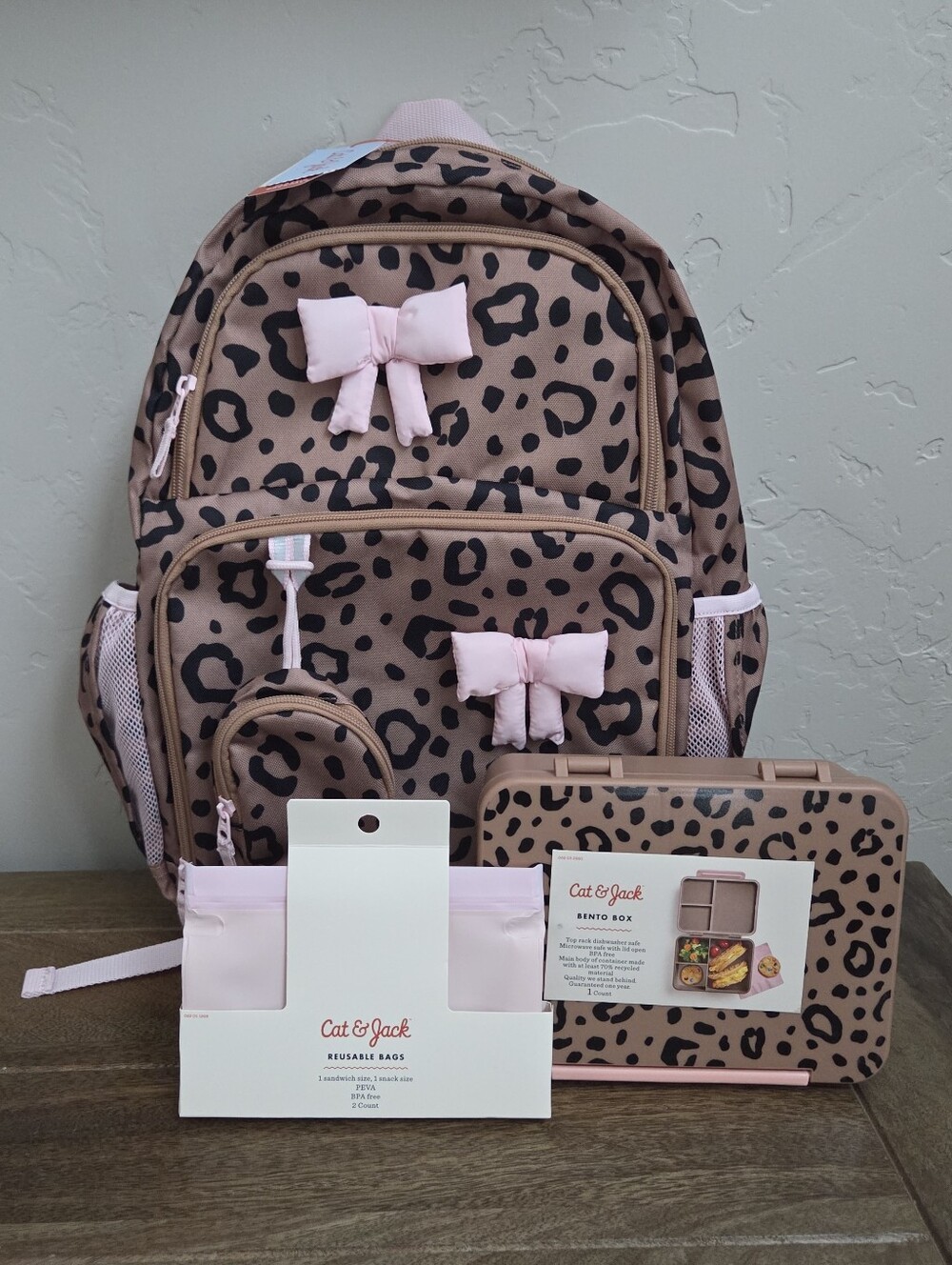 Cat & Jack Target Leopard Print Backpack, Bento Box, & Reusable Bags Bundle